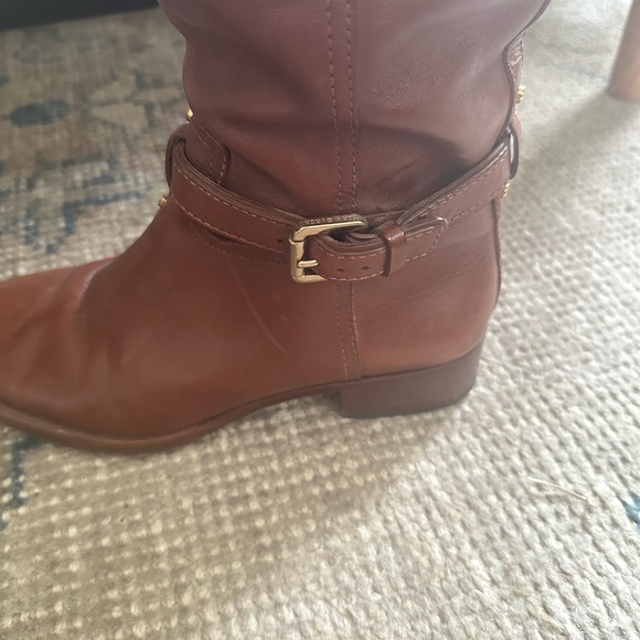 Tory Burch Chestnut Brown Leather Knee Boots with Gold Logo - Picture 10 of 11